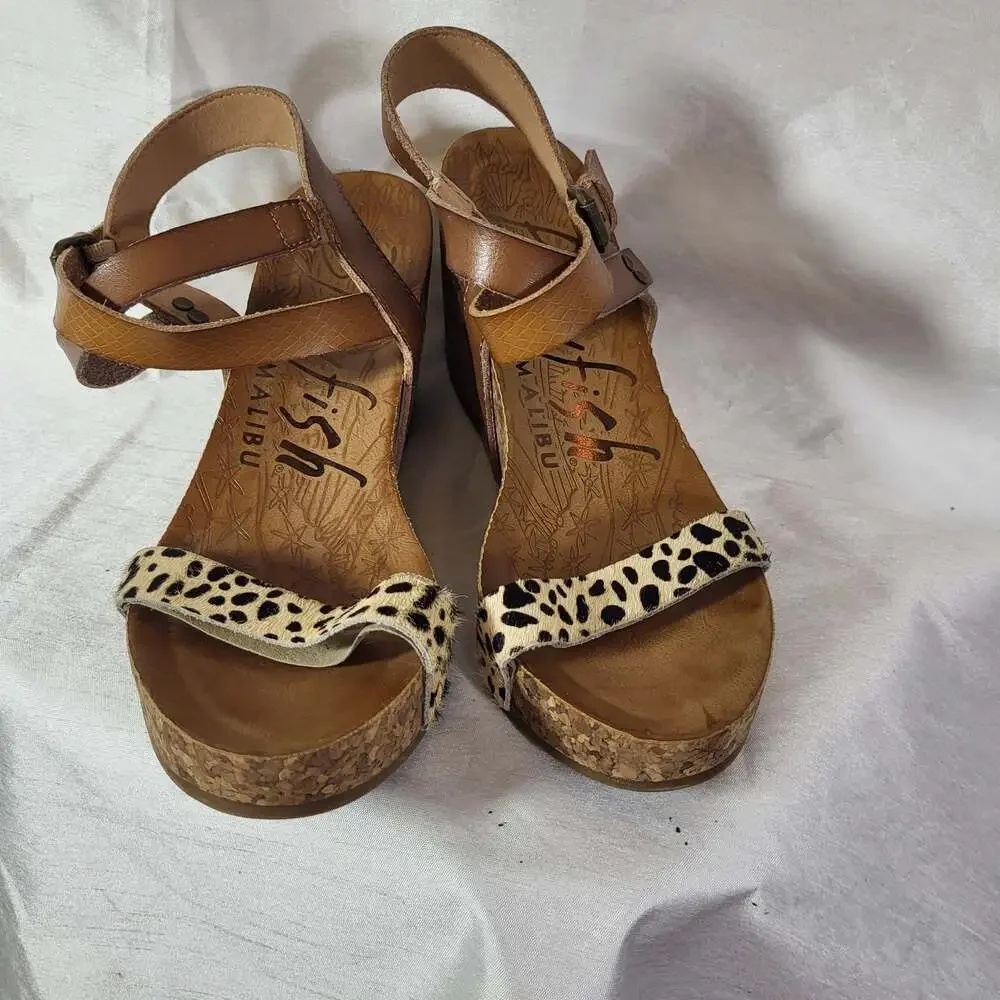 Blowfish Malibu Hirosha Wedge Sandal Leopard Brown Size 7.5